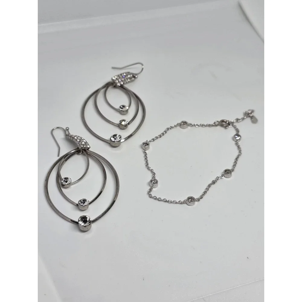 Silver Tone Crystal Earrings Bracelet Set Womens Jewelry